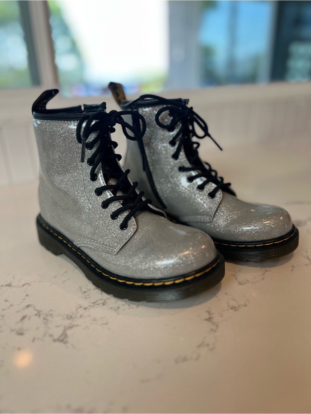 Dr. Martens Kids Silver Glitter Lace-Up Boots